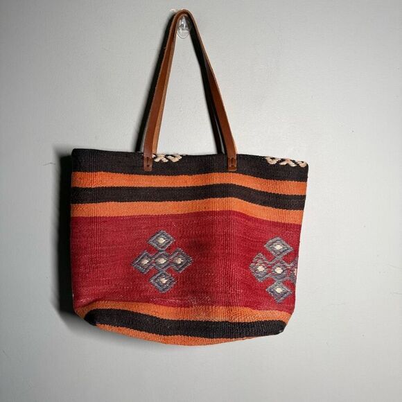 Woven Kilim rug tapestry tote bag leather straps Turkish western Aztec medium si - Picture 5 of 15